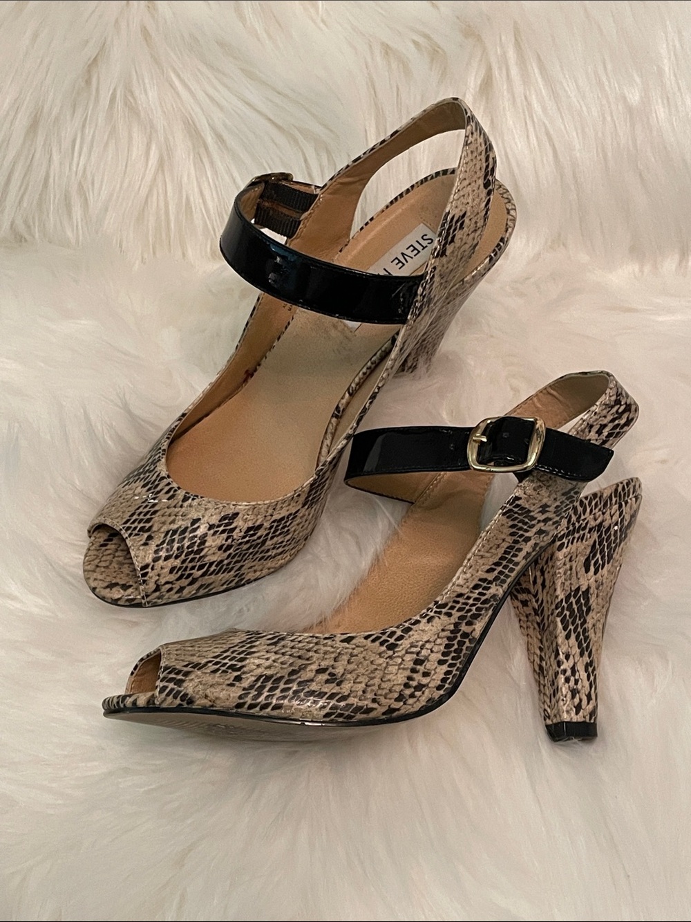 Steve Madden Snake-Print Peep Toe Heels with Black Patent Ankle Strap 7